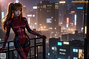 A woman in a red and black outfit standing in front of a city.
