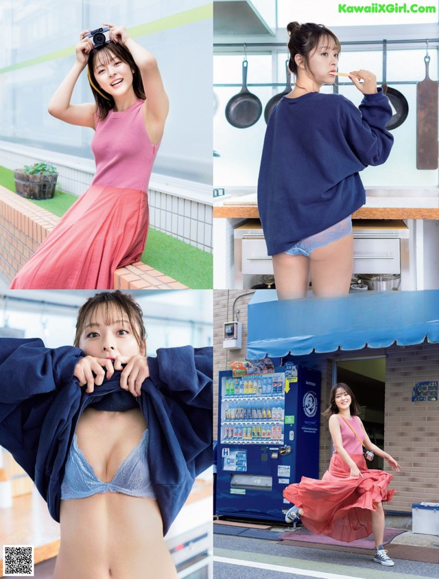 A woman in a pink dress is posing in front of a vending machine.
