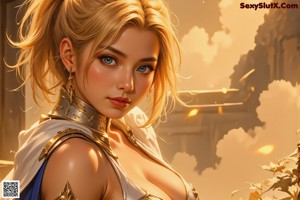A woman in a blue and gold outfit holding a sword.