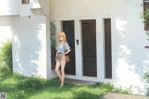 A woman in a pink lingerie standing in a kitchen.