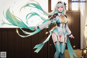 Anime girl with long black hair wearing a white and green outfit.