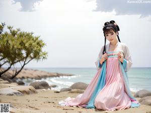 A woman in a white kimono posing for a picture.