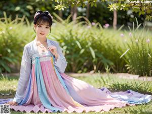 A woman in a blue and pink hanbok sitting in the grass.