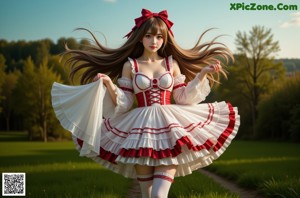 A woman in a red and white dress sitting on a wooden bench.