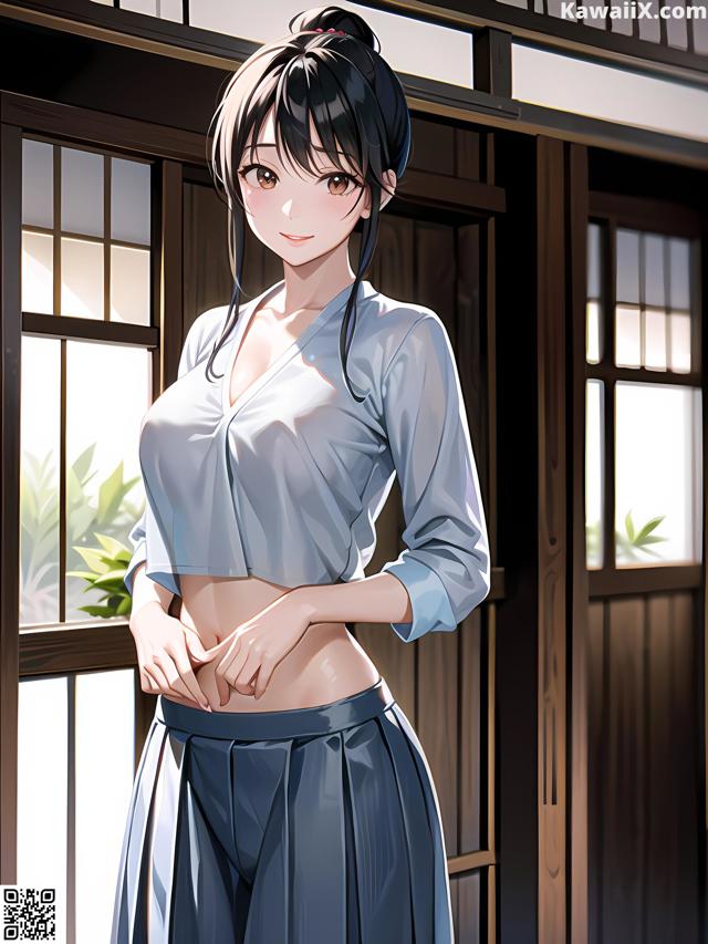 A woman in a blue shirt and skirt standing in front of a window.
