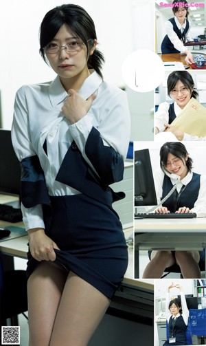 A woman wearing glasses sitting on a blue chair.