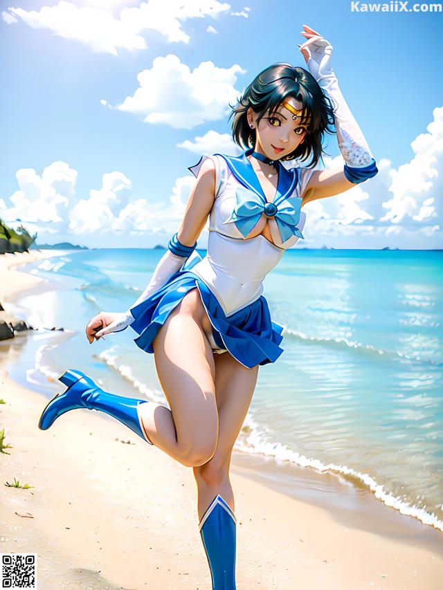 A woman in a blue and white outfit on a beach.