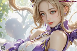 A woman with long purple hair wearing a purple dress.