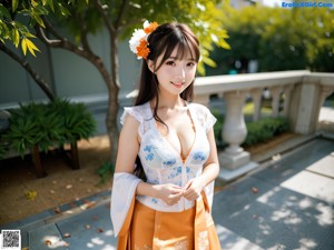 A woman in a white bra and orange skirt posing for a picture.