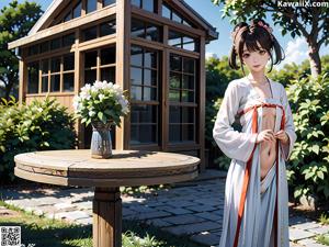 A woman in a white kimono standing in a garden.