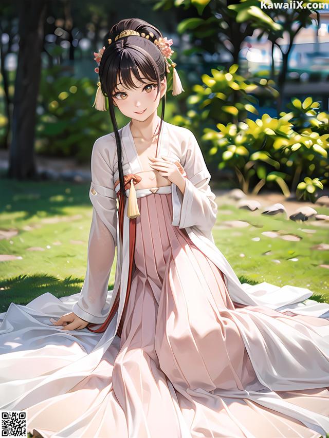 A woman in a pink dress sitting on the grass.