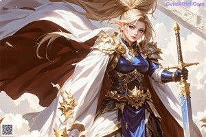 A woman in armor holding a sword in the desert.