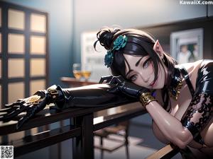 A woman in a latex outfit is sitting at a desk.