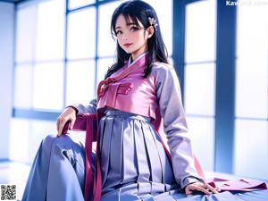 A woman in a white and pink hanbok is posing for a picture.