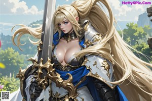 A woman in a blue and white dress holding a sword.