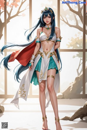 A woman in a blue and white outfit with a crown on her head.