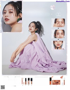 A magazine page with a picture of a woman applying makeup.