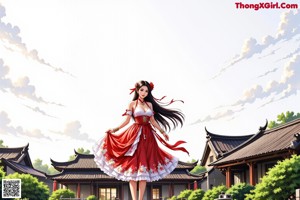 A woman in a white and red dress posing by a window.
