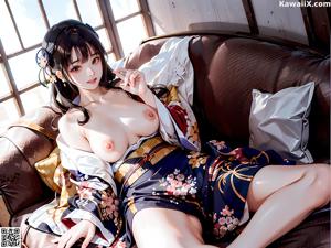A woman in a kimono sitting on a bed holding a lamp.