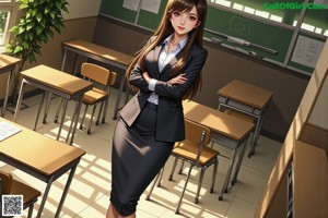 A woman in a black leather jacket and stockings posing in a classroom.