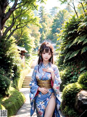 A woman in a kimono standing in a room.