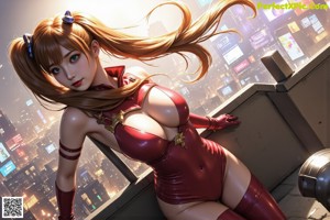 A woman in a red latex outfit standing in the middle of a city.