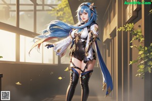 A woman with long blue hair is posing for a picture.