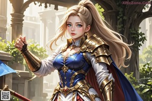 A woman in a white outfit holding a sword.