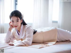 A woman in a red and white hanbok sitting on a wooden floor.