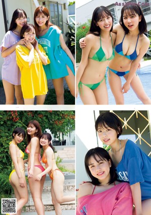 A group of women in bikinis posing next to a swimming pool.