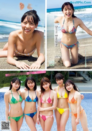 A group of young women in white bikinis posing for a picture.