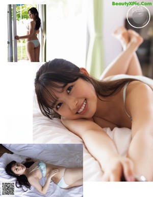 A woman in a white bikini laying on a bed.