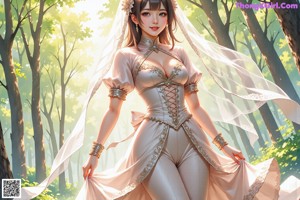 A woman in a wedding dress standing in a forest.
