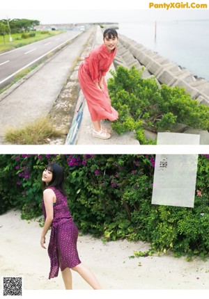A woman sitting on a concrete bench wearing a blue sweater dress.