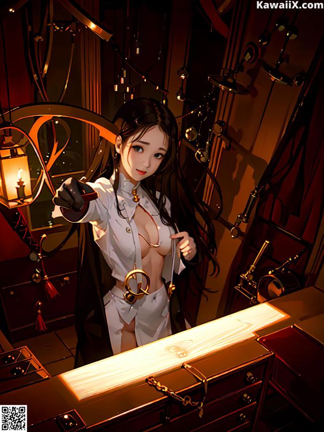A woman in a white shirt holding a sword in a room.