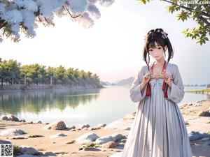 A woman in a white dress standing in a park.