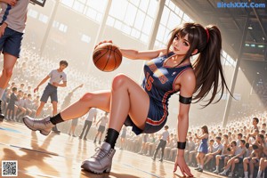 A girl in a volleyball uniform running with a basketball.