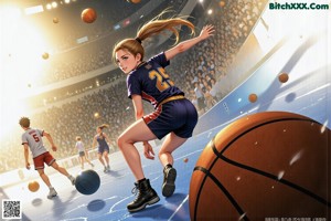 A girl in a volleyball uniform running with a basketball.