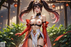 A woman in a white and red outfit with gold accents poses confidently.