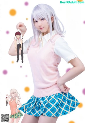 A woman in a school uniform is posing for a magazine cover.