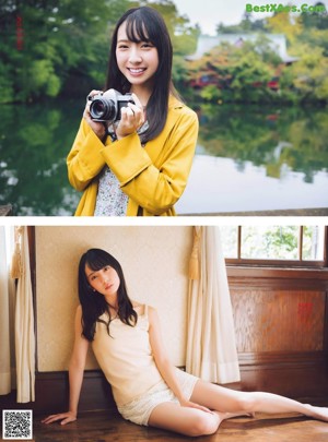 A woman in a yellow shirt and blue skirt posing for a picture.