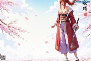 A woman in a kimono with red hair stands outdoors near cherry blossoms.