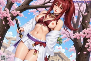 A woman stands in a traditional Japanese setting, holding swords, with cherry blossoms and a serene river backdrop.