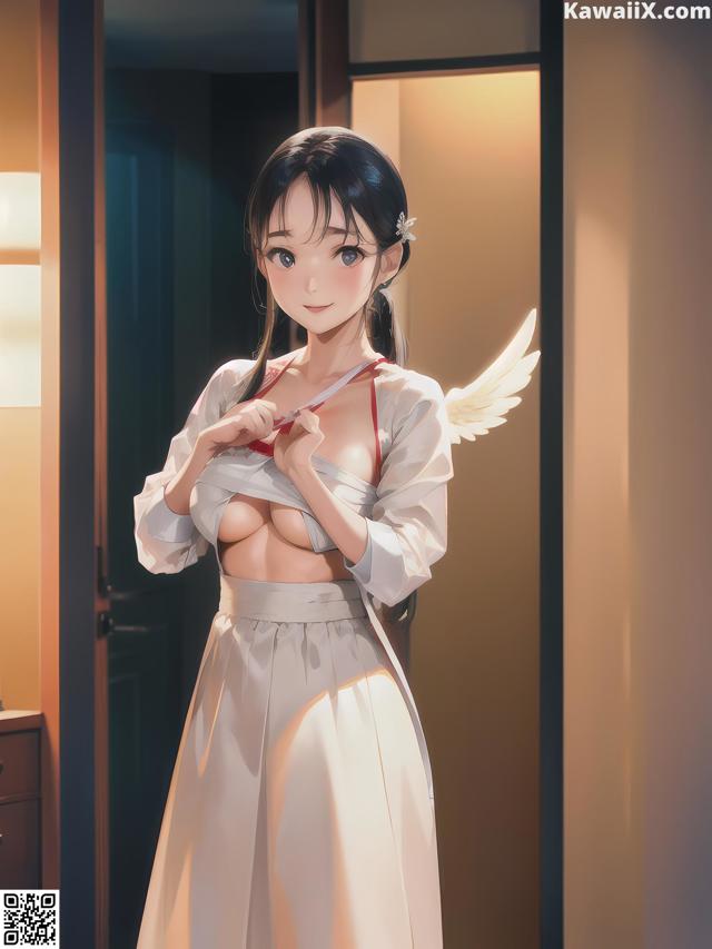 A woman in a white dress with angel wings on her back.