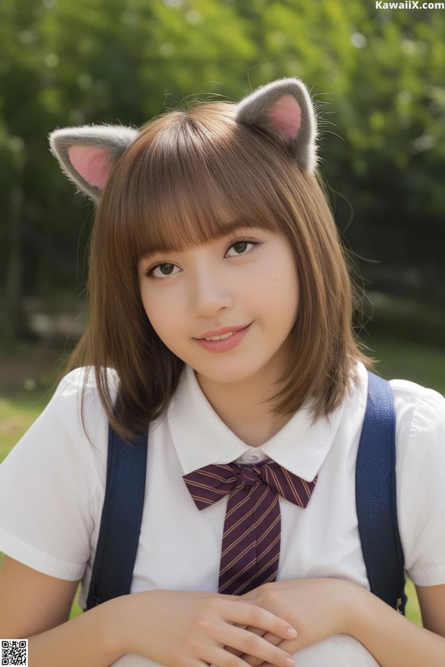 A young woman wearing a cat ears headband and a tie.