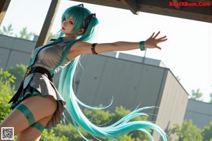A woman with long green hair sitting on a window sill.