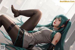 A girl with long green hair standing on a beach.