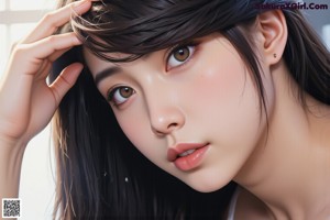 A woman with long brown hair wearing a white shirt.