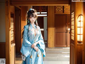 A woman in a blue and green kimono posing for a picture.