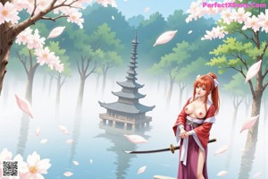 A woman in traditional attire holds a sword amidst cherry blossoms.